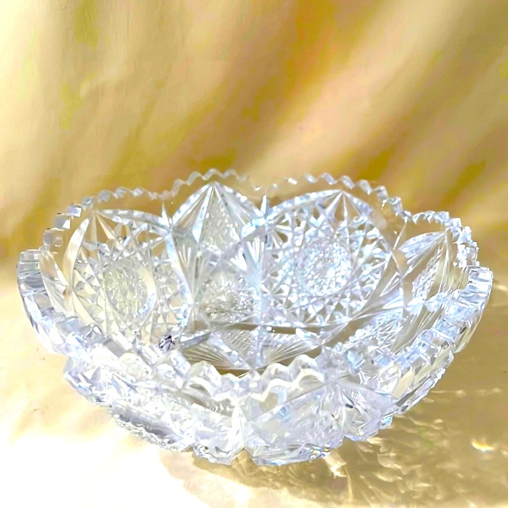 Vintage ABP Libbey Crystal Bowl Star Diamond Fan Cut 8" Acid Signed PerfectC1267